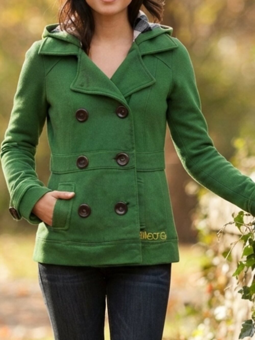 Billabong Green Corduroy Hooded Peacoat Sz S, Double-Breasted Jacket, Plaid hood